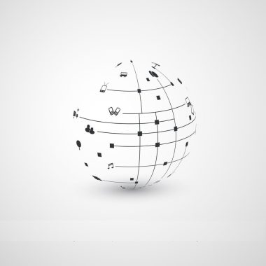 Minimal Cloud Computing, Digital Networks Structure, Telecommunications Concept Design, Modern Style Global Network Connections, Transparent Geometric Globe Wireframe With Icons - Vector Illustration