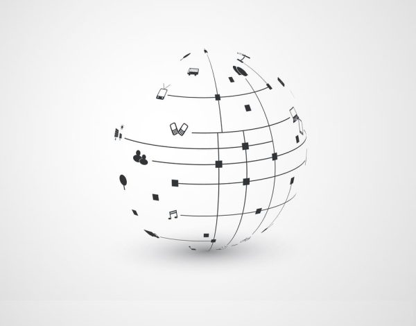 Minimal Cloud Computing, Digital Networks Structure, Telecommunications Concept Design, Modern Style Global Network Connections, Transparent Geometric Globe Wireframe With Icons - Vector Illustration